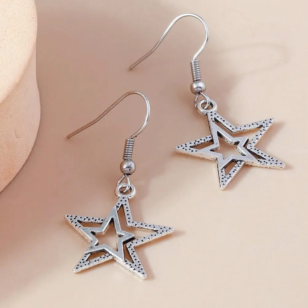 Silver Double Star Silhouette Drop Earrings - Picture 3 of 4